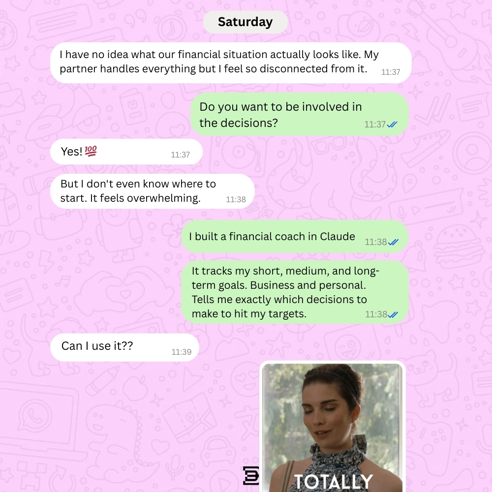 WhatsApp conversation about Financial Coach